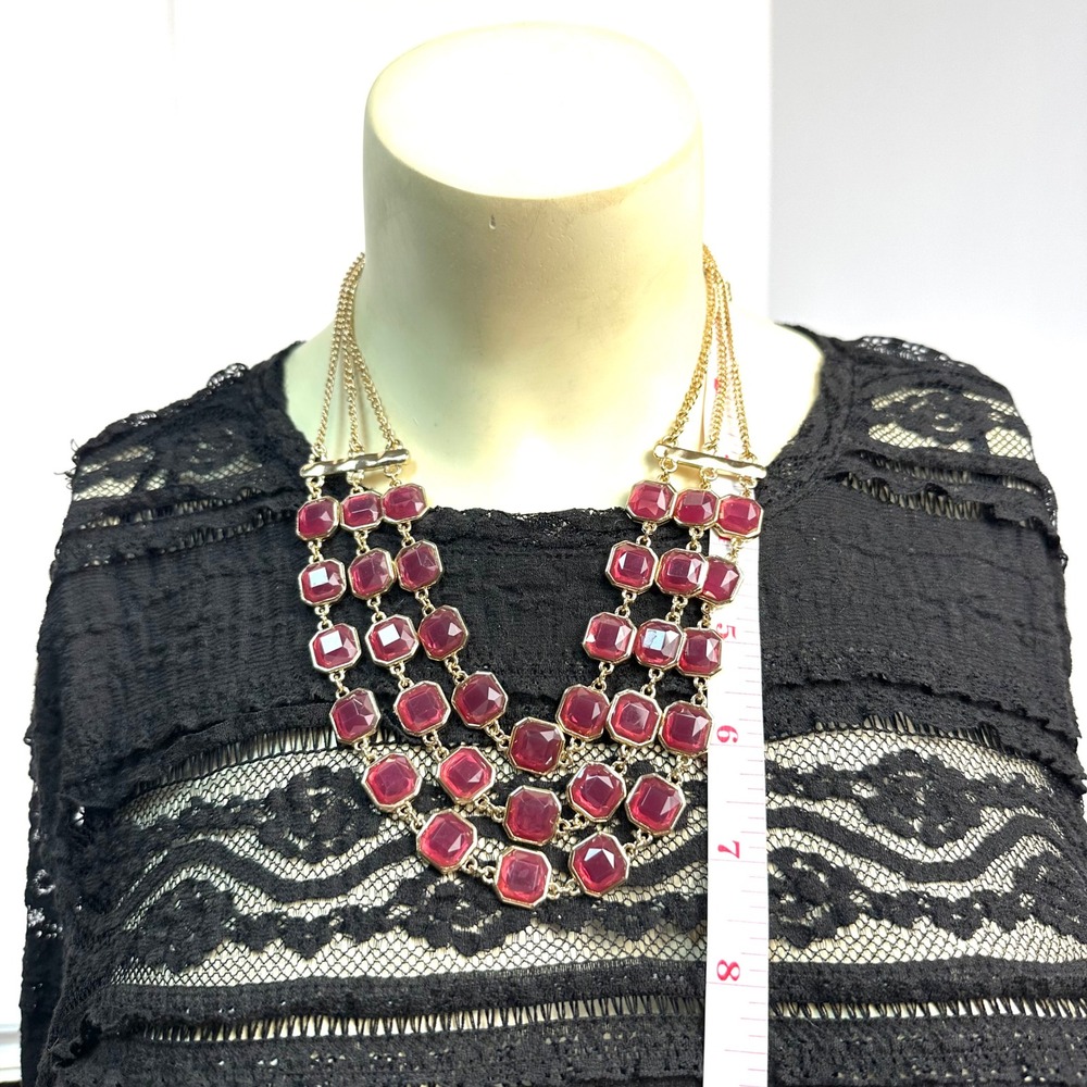 Gypsy Fuchsia Pink Gold Tone Multi Strand Tiered Statement Necklace Square Jewel - Picture 7 of 7